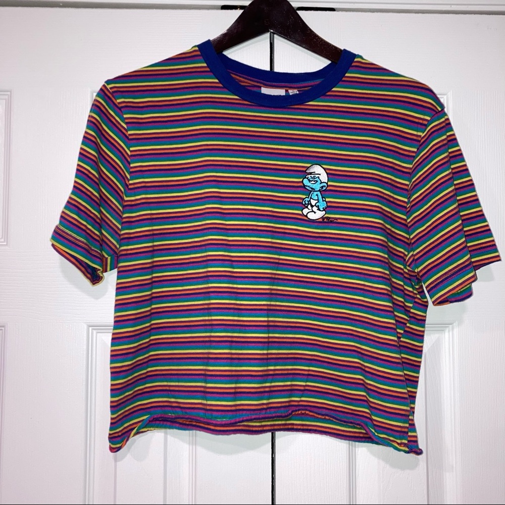 Smurfs Rainbow Striped Cropped T Shirt Short Sleeves Small